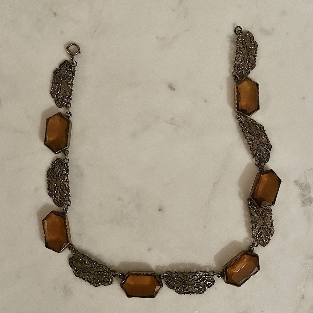 Vintage Art Deco Necklace : Amber Glass & Brass